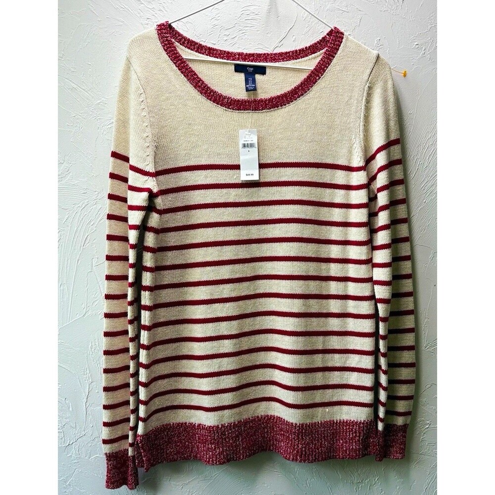 Gap Womens S Ivory Burgundy Striped Knit Round Neck Long Sleeve Pullover Sweater